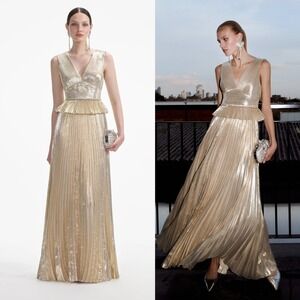 NWT Self-Portrait Sleeveless Gold Metallic V-Neck Maxi Dress $585 - Size US‎ 2